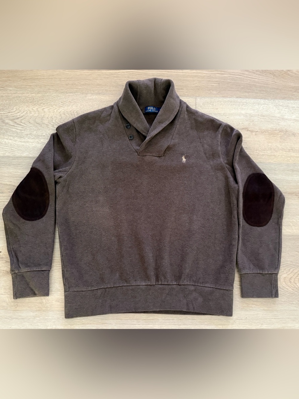 Polo Ralph Lauren Shawl Collar Sweater Suede Elbow Patches Men’s L Cocoa Preppy